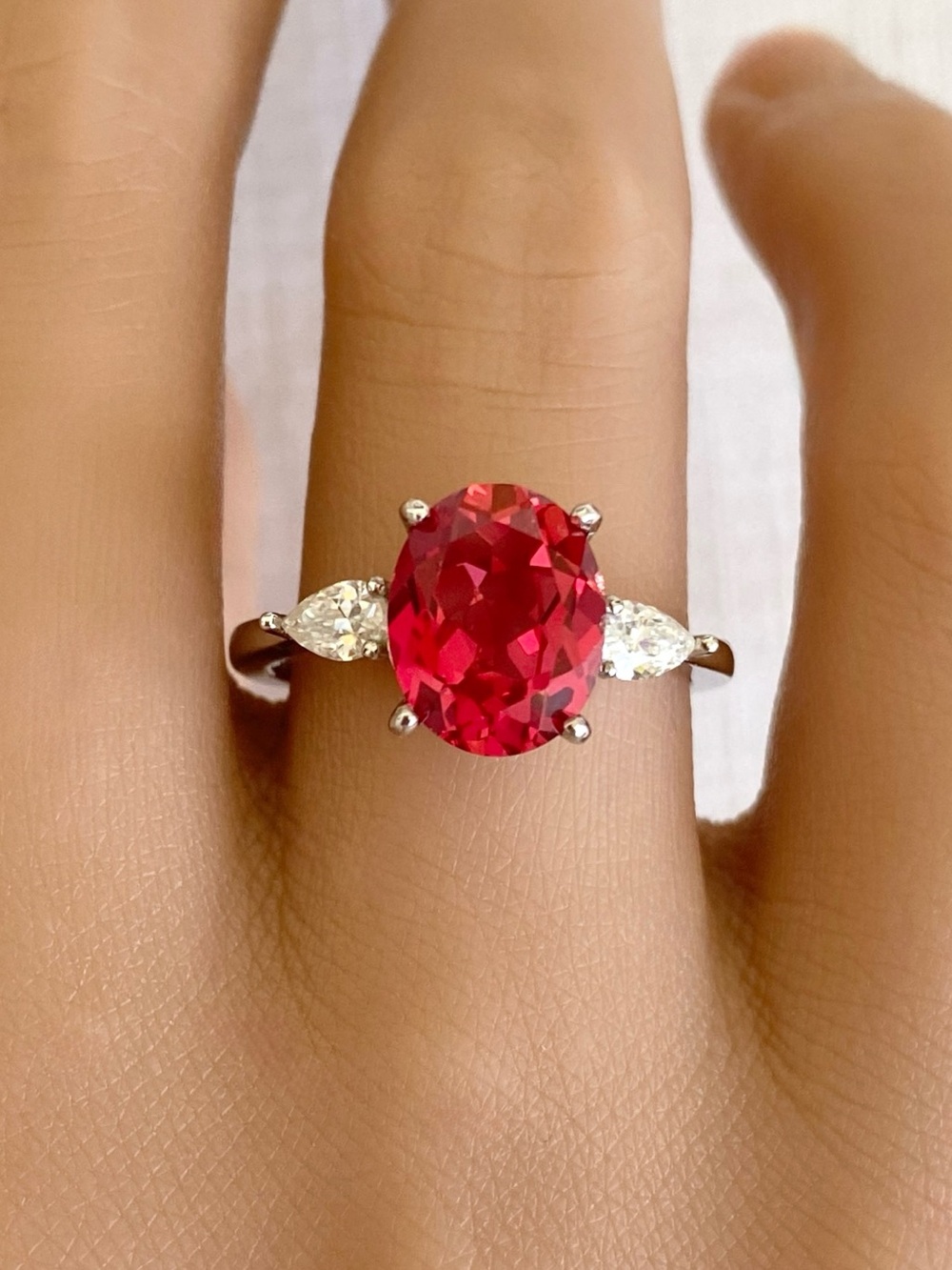 Sterling Silver Oval 3Ct Red Lotus Sapphire Pear CZ Three Stone Statement Ring